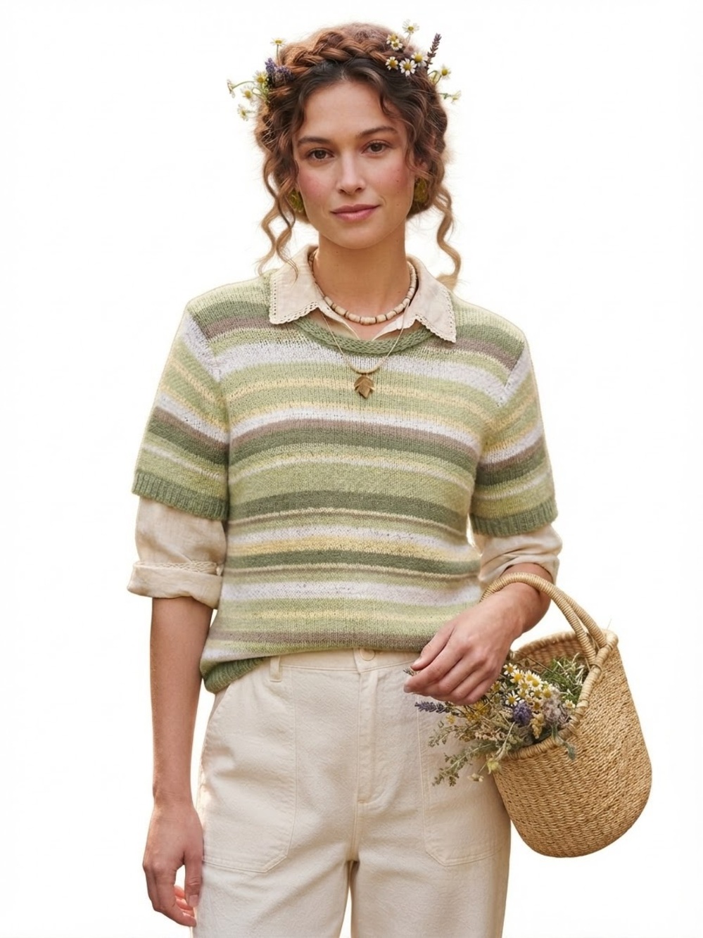 Y2K 90s Striped Tee Knit Sweater Pastel Granny Cottagecore Goblincore Earthy
